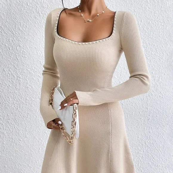 Apricot Preppy Womens Sweetheart Neck Ribbed Knit Sweater Dress - Picture 3 of 5